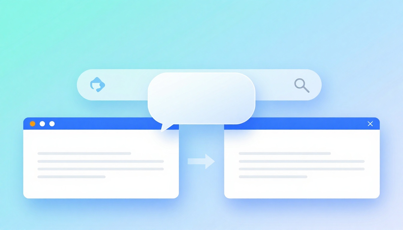 Two browser windows with blue headers on a gradient blue background. A speech bubble connects them, symbolizing data transfer or communication.