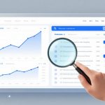 A hand holding a magnifying glass over a digital SEO dashboard displaying line graphs with blue lines, data tables, and a search bar.