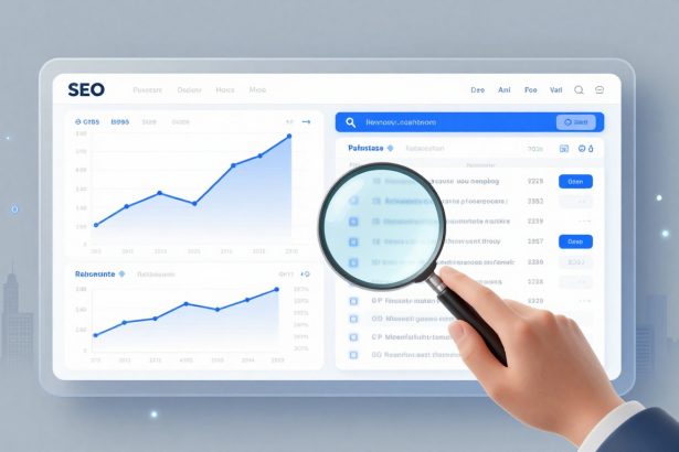 A hand holding a magnifying glass over a digital SEO dashboard displaying line graphs with blue lines, data tables, and a search bar.