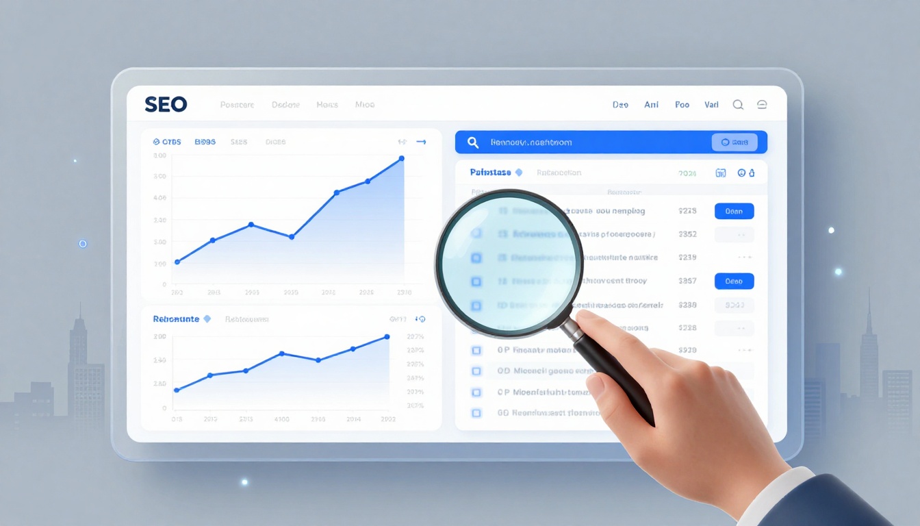 A hand holding a magnifying glass over a digital SEO dashboard displaying line graphs with blue lines, data tables, and a search bar.