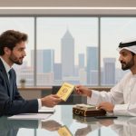 Two men sitting across a glass table in a modern office. One in a suit, the other in traditional Middle Eastern attire, exchange a passport. A briefcase and cityscape are visible in the background.