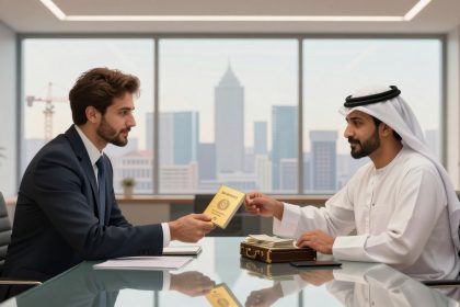 Two men sitting across a glass table in a modern office. One in a suit, the other in traditional Middle Eastern attire, exchange a passport. A briefcase and cityscape are visible in the background.