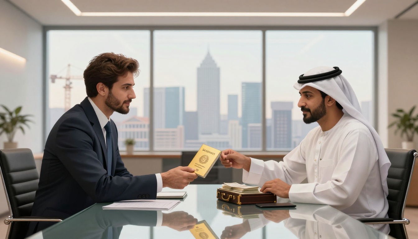 Two men sitting across a glass table in a modern office. One in a suit, the other in traditional Middle Eastern attire, exchange a passport. A briefcase and cityscape are visible in the background.