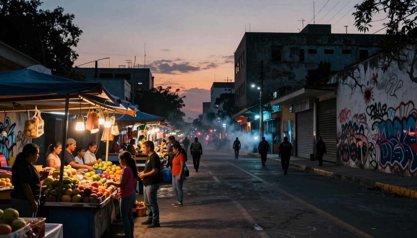 Street market at dusk with vendors and customers at stalls under blue tents, selling colorful fruits. Buildings and graffiti-lined walls in the background.