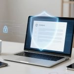 A laptop on a white desk displaying a document labeled "Content" with a digital shield overlay. Nearby are a tablet with a brain icon, a coffee cup, and papers.
