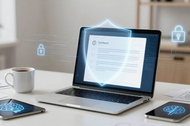 A laptop on a white desk displaying a document labeled "Content" with a digital shield overlay. Nearby are a tablet with a brain icon, a coffee cup, and papers.