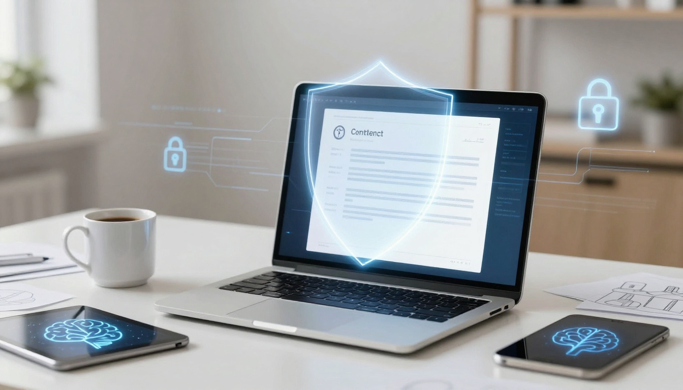 A laptop on a white desk displaying a document labeled "Content" with a digital shield overlay. Nearby are a tablet with a brain icon, a coffee cup, and papers.