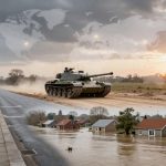 A surreal composite image featuring a red British telephone box on a sidewalk, a tank driving on a dirt road, and flooded houses. A world map is superimposed on a cloudy sky at sunset.