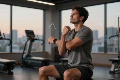 A man in a gray T-shirt and black shorts sits on a bench in a gym, looking at a smartwatch. Treadmills and large windows are in the background. Digital graphs hover around him, suggesting fitness tracking.