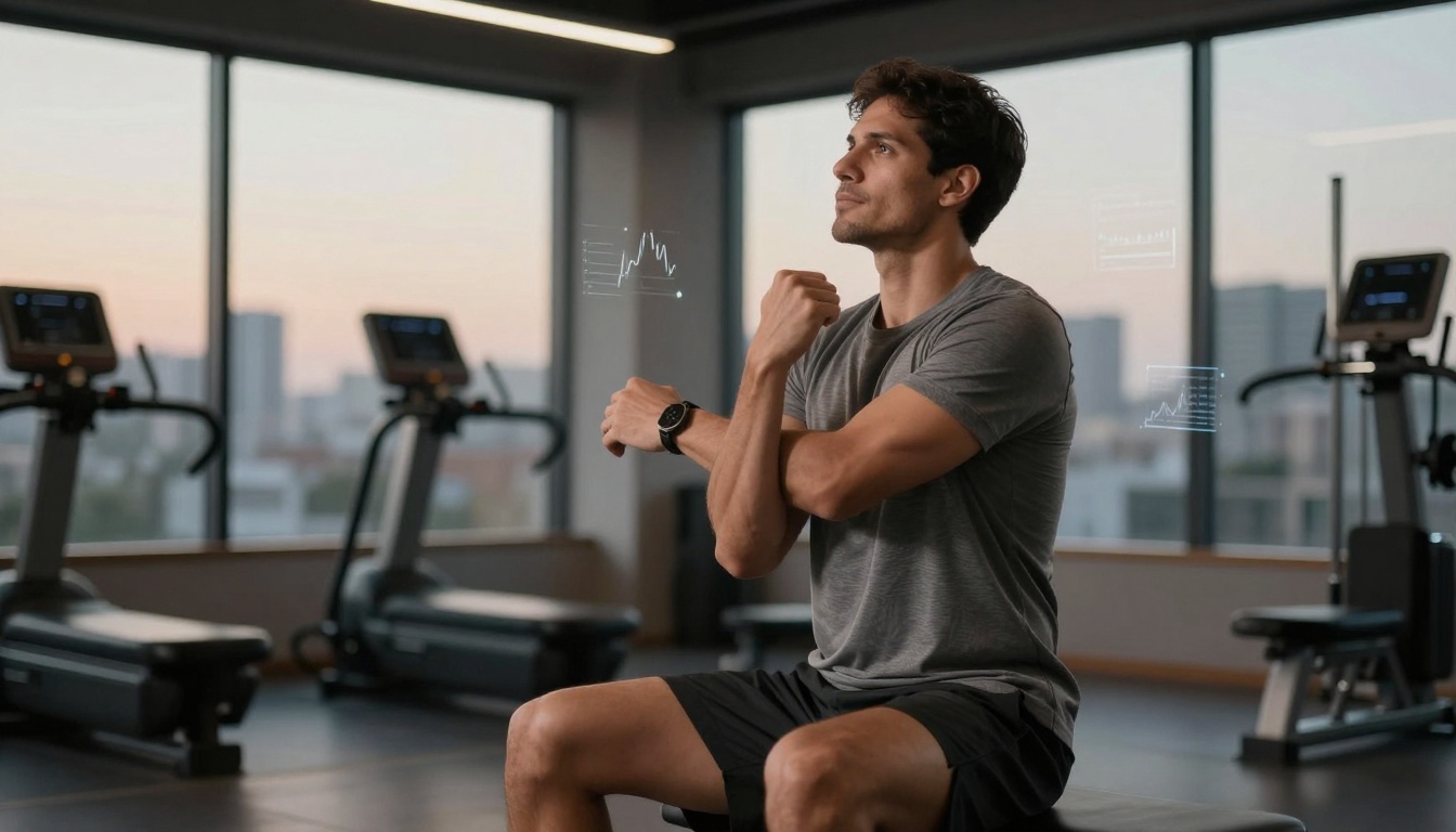 A man in a gray T-shirt and black shorts sits on a bench in a gym, looking at a smartwatch. Treadmills and large windows are in the background. Digital graphs hover around him, suggesting fitness tracking.
