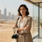 A woman with short brown hair stands confidently in an office with glass walls, wearing a beige suit and holding a camera. A city skyline and desert landscape are seen in the background.