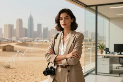 A woman with short brown hair stands confidently in an office with glass walls, wearing a beige suit and holding a camera. A city skyline and desert landscape are seen in the background.