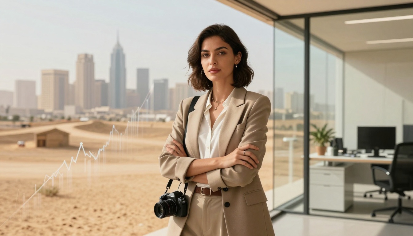A woman with short brown hair stands confidently in an office with glass walls, wearing a beige suit and holding a camera. A city skyline and desert landscape are seen in the background.
