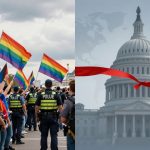 On the left, a crowd holds rainbow flags at a protest with police officers present. On the right, the U.S. Capitol building with a red ribbon overlay.