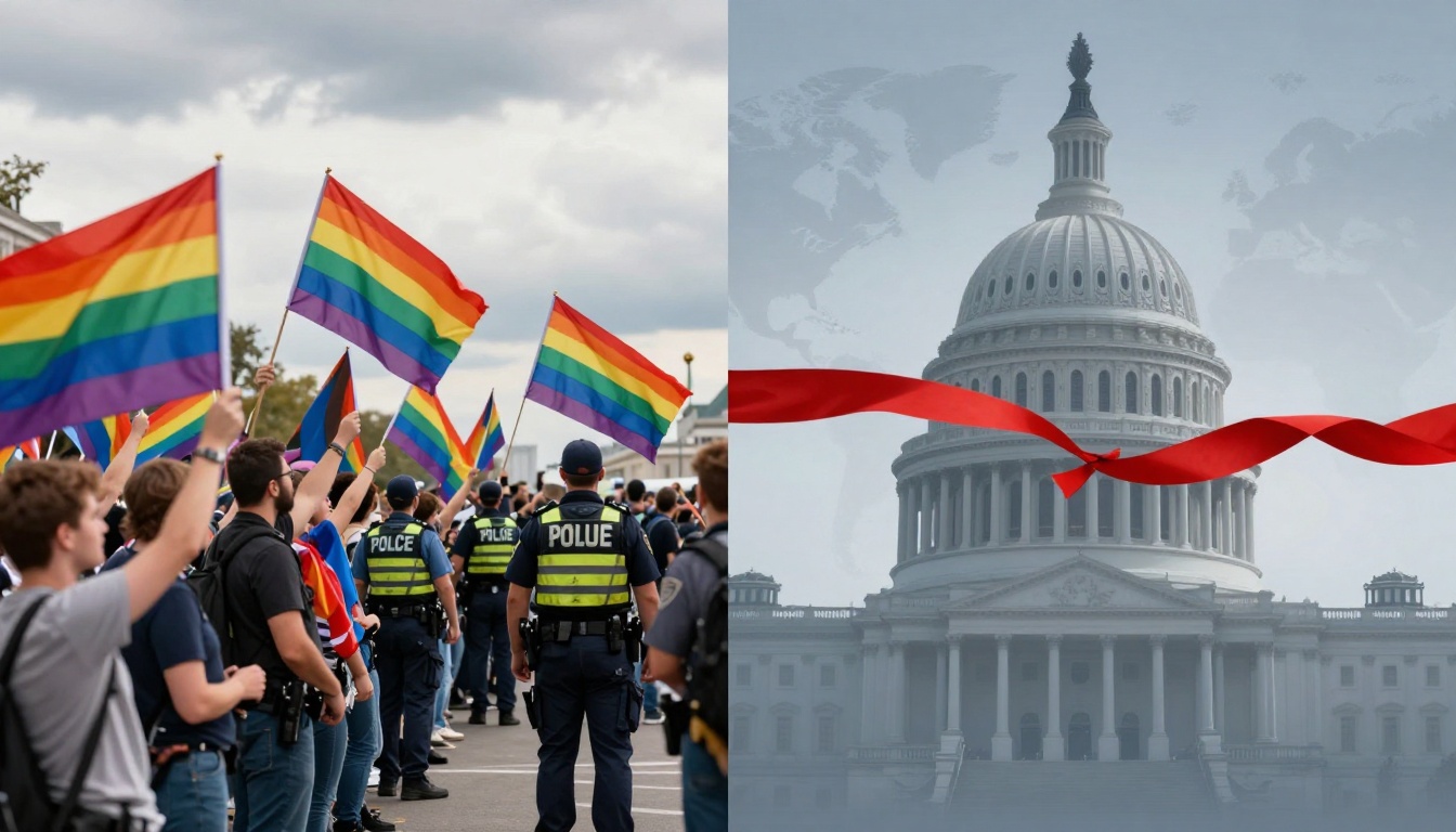 On the left, a crowd holds rainbow flags at a protest with police officers present. On the right, the U.S. Capitol building with a red ribbon overlay.