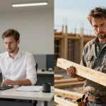 The image is split into two scenes. On the left, a man in a white shirt works on a laptop at an office desk, with papers and a mug nearby. On the right, a man in a work shirt holds a wooden beam at a construction site, wearing a tool belt.
