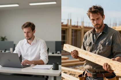 The image is split into two scenes. On the left, a man in a white shirt works on a laptop at an office desk, with papers and a mug nearby. On the right, a man in a work shirt holds a wooden beam at a construction site, wearing a tool belt.