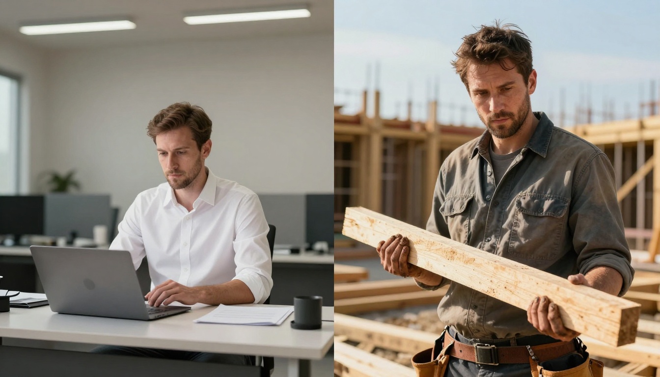 The image is split into two scenes. On the left, a man in a white shirt works on a laptop at an office desk, with papers and a mug nearby. On the right, a man in a work shirt holds a wooden beam at a construction site, wearing a tool belt.
