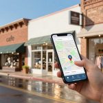 A person holds a smartphone displaying a map app in front of a street with shops. Visible are a cafe and a clothing store, both with awnings.