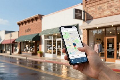 A person holds a smartphone displaying a map app in front of a street with shops. Visible are a cafe and a clothing store, both with awnings.
