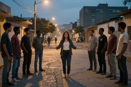 A woman stands confidently with her arms outstretched, surrounded by eight men on an urban street at dusk. Streetlights illuminate the scene.