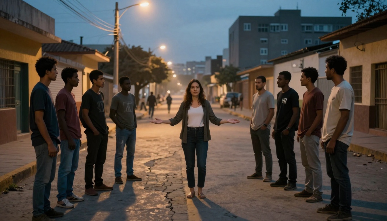 A woman stands confidently with her arms outstretched, surrounded by eight men on an urban street at dusk. Streetlights illuminate the scene.