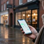 A person holds a smartphone displaying a map app, standing on a wet, brick-paved street lined with shops and warm streetlights.
