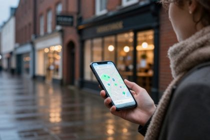 A person holds a smartphone displaying a map app, standing on a wet, brick-paved street lined with shops and warm streetlights.