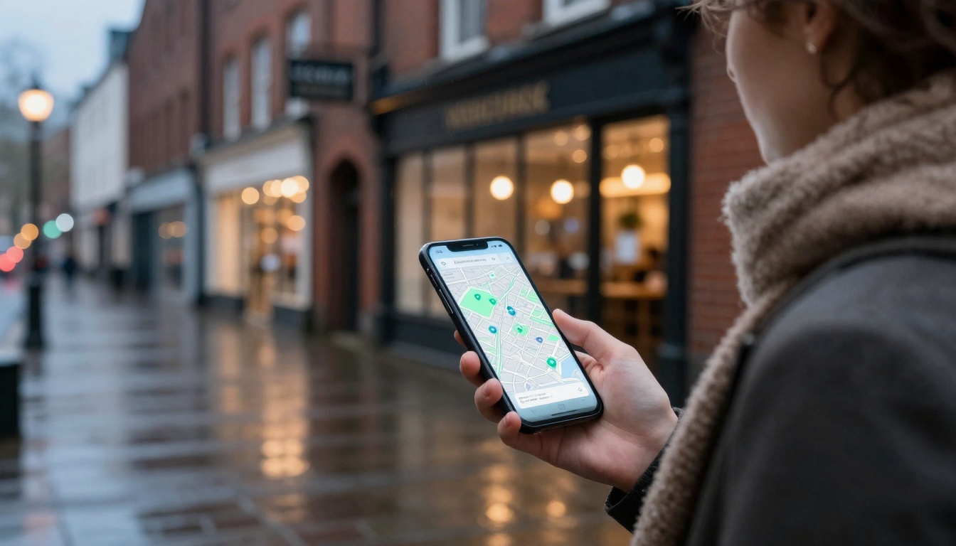 A person holds a smartphone displaying a map app, standing on a wet, brick-paved street lined with shops and warm streetlights.
