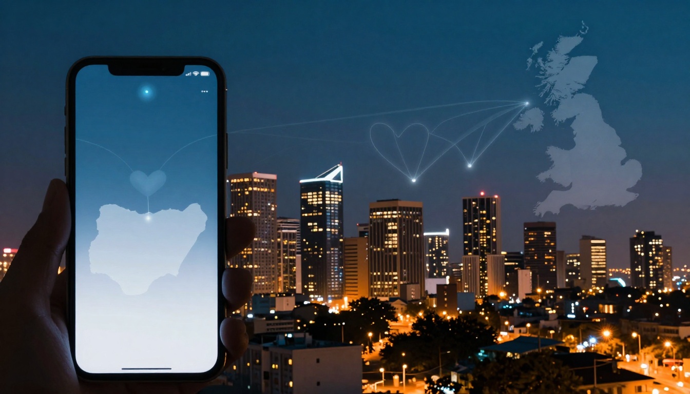 A hand holds a smartphone displaying a map outline with a heart and lines connecting to a map of the UK. The background shows a city skyline at night with illuminated buildings.