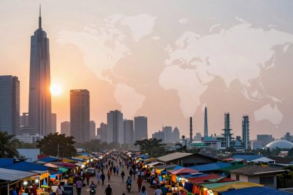 A bustling market scene with colorful stalls and numerous people walking. Skyscrapers and a sunset are in the background, with a faint world map overlay in the sky.