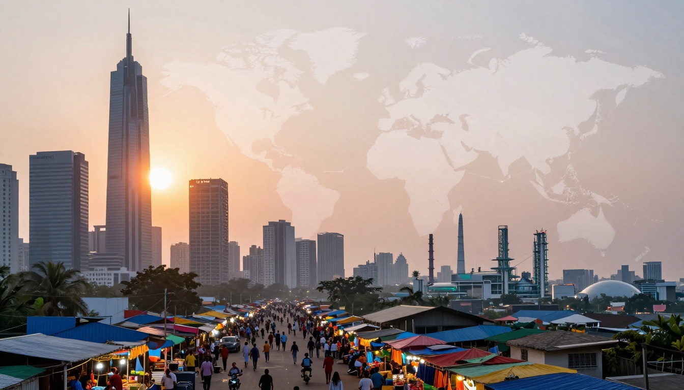 A bustling market scene with colorful stalls and numerous people walking. Skyscrapers and a sunset are in the background, with a faint world map overlay in the sky.