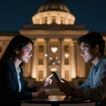 A man and woman sit at a table outside at night, facing each other. The woman points at the man's smartphone, with small heart icons floating between them. A large, illuminated building is in the background.