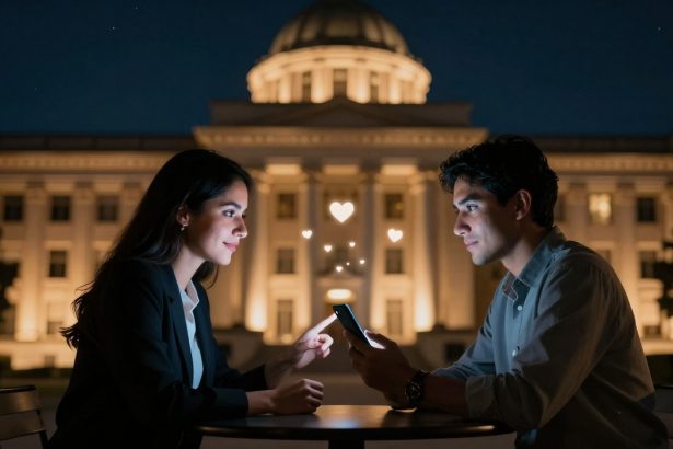 A man and woman sit at a table outside at night, facing each other. The woman points at the man's smartphone, with small heart icons floating between them. A large, illuminated building is in the background.