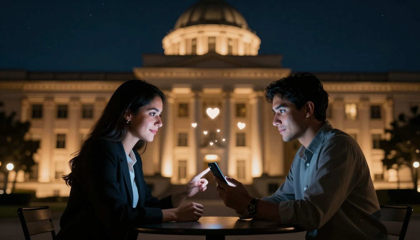A man and woman sit at a table outside at night, facing each other. The woman points at the man's smartphone, with small heart icons floating between them. A large, illuminated building is in the background.