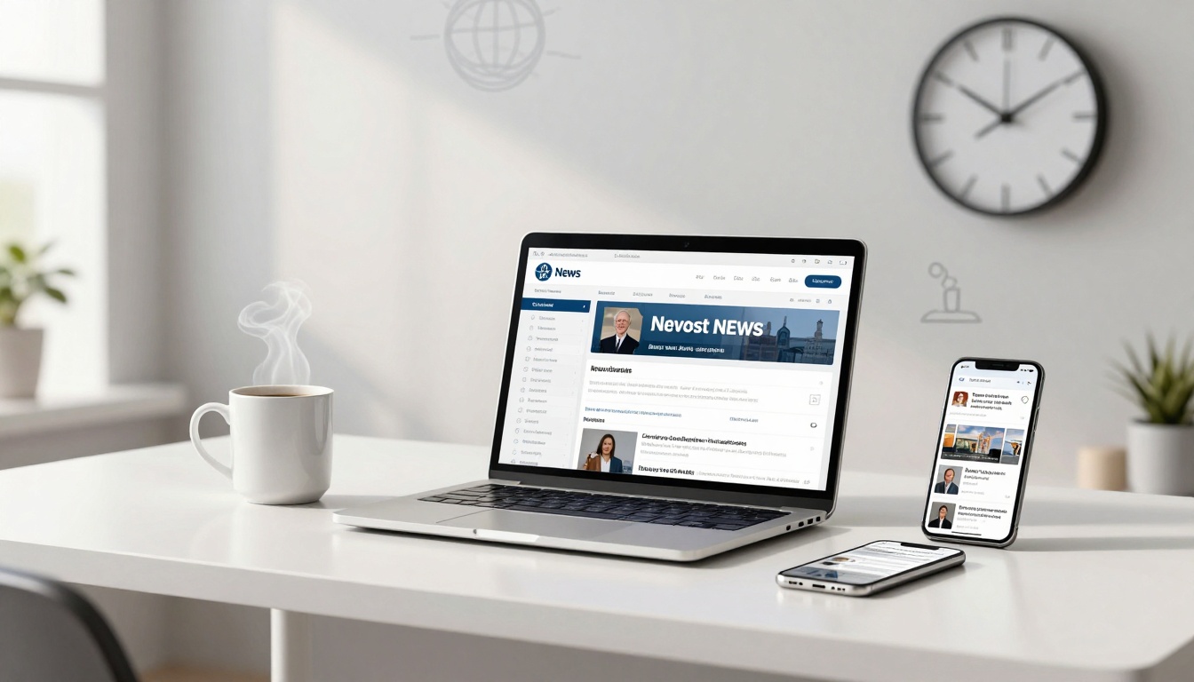 A laptop displaying a news website on a white desk, with a steaming mug, smartphone, and wristwatch. A wall clock and plant are in the background.