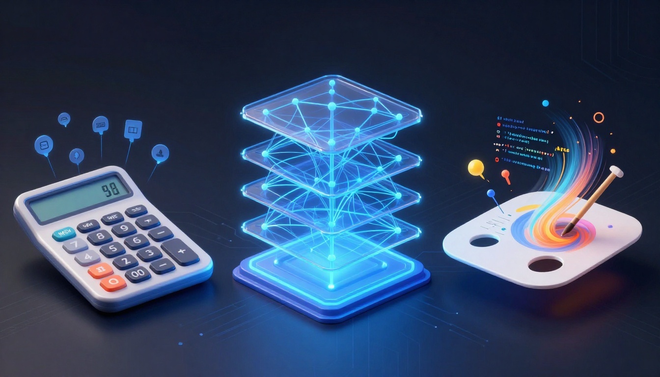 A digital art composition showing a calculator with "98" on the display, a stack of glowing blue circuit-like layers, and a stylized artist palette with a digital paintbrush creating colorful swirls.