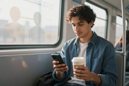 A person with curly hair wearing a denim shirt is sitting on a train, holding a smartphone and a coffee cup. The window shows a blurred cityscape.