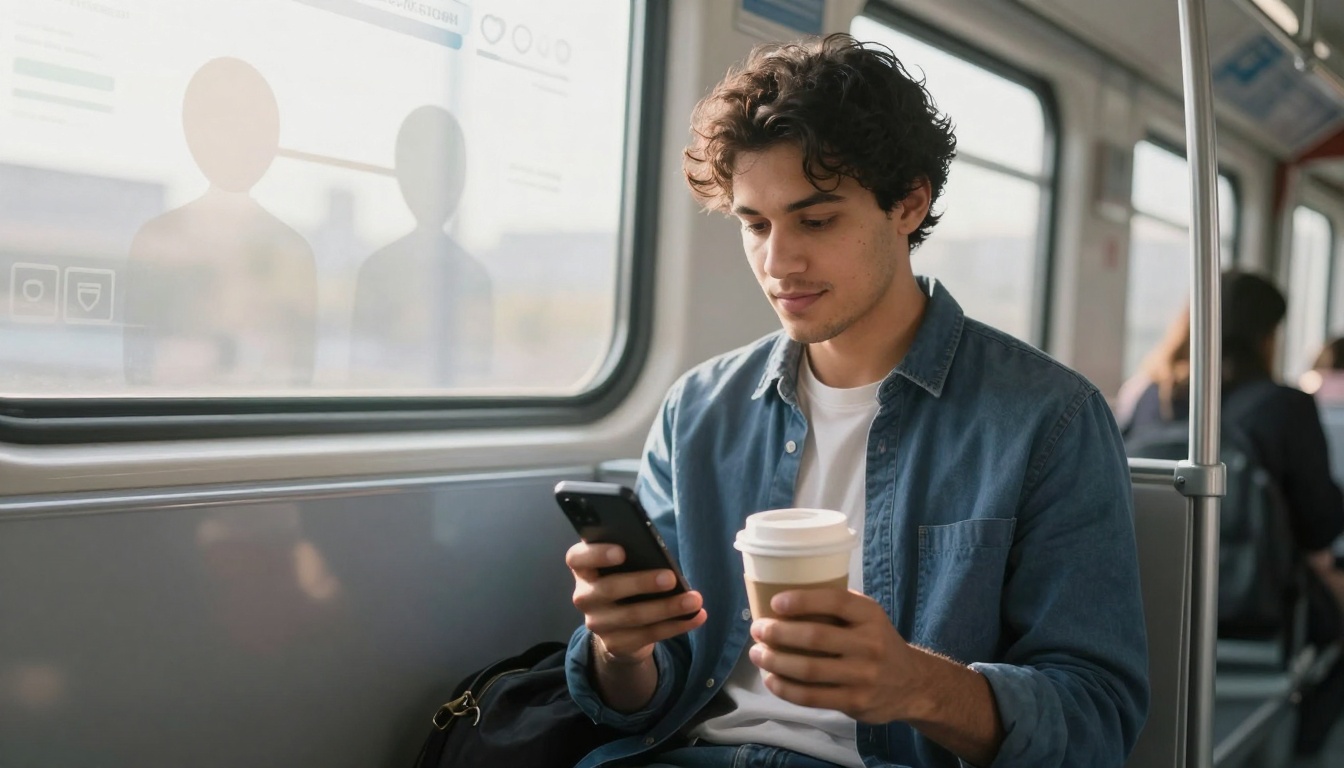 A person with curly hair wearing a denim shirt is sitting on a train, holding a smartphone and a coffee cup. The window shows a blurred cityscape.