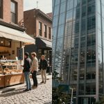 On the left, a street scene with three people at a bakery stall displaying various breads. On the right, a modern glass office building with reflections and an outdoor desk setup.