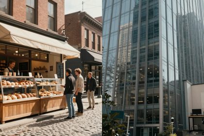 On the left, a street scene with three people at a bakery stall displaying various breads. On the right, a modern glass office building with reflections and an outdoor desk setup.