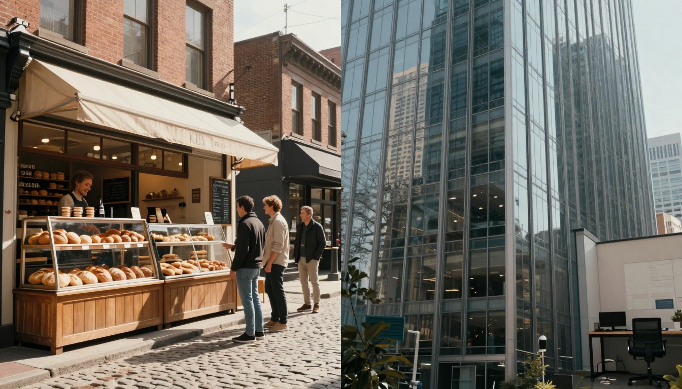On the left, a street scene with three people at a bakery stall displaying various breads. On the right, a modern glass office building with reflections and an outdoor desk setup.