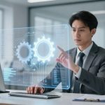 A man in a suit interacts with a transparent digital interface displaying gears and data charts. He is seated at a desk with a computer monitor and a small plant in an office setting.