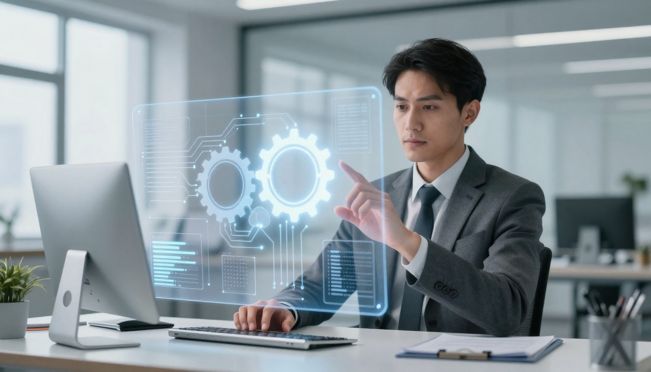 A man in a suit interacts with a transparent digital interface displaying gears and data charts. He is seated at a desk with a computer monitor and a small plant in an office setting.