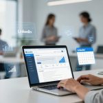 A person working on a laptop displaying a LinkedIn page with graphs and text. Digital icons, including a calendar, hover above. Blurred colleagues conversing in the background.