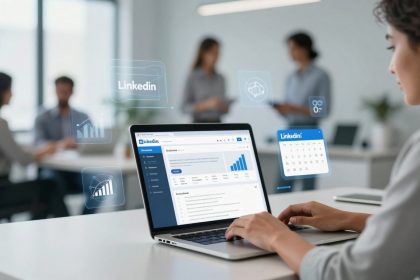 A person working on a laptop displaying a LinkedIn page with graphs and text. Digital icons, including a calendar, hover above. Blurred colleagues conversing in the background.