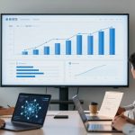 Four people in a meeting room look at a large screen displaying bar and line graphs. Two laptops and a coffee cup are on the table.