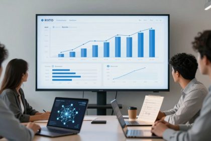Four people in a meeting room look at a large screen displaying bar and line graphs. Two laptops and a coffee cup are on the table.