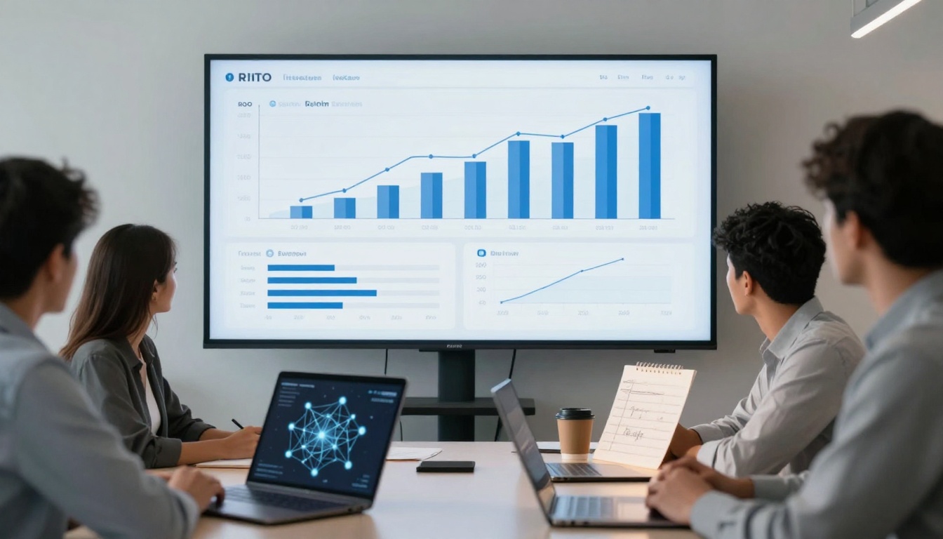 Four people in a meeting room look at a large screen displaying bar and line graphs. Two laptops and a coffee cup are on the table.