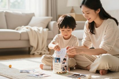 A woman and child sit on a light-colored rug in a bright living room, placing notes into a jar with photos attached. A beige sofa and blanket are in the background.